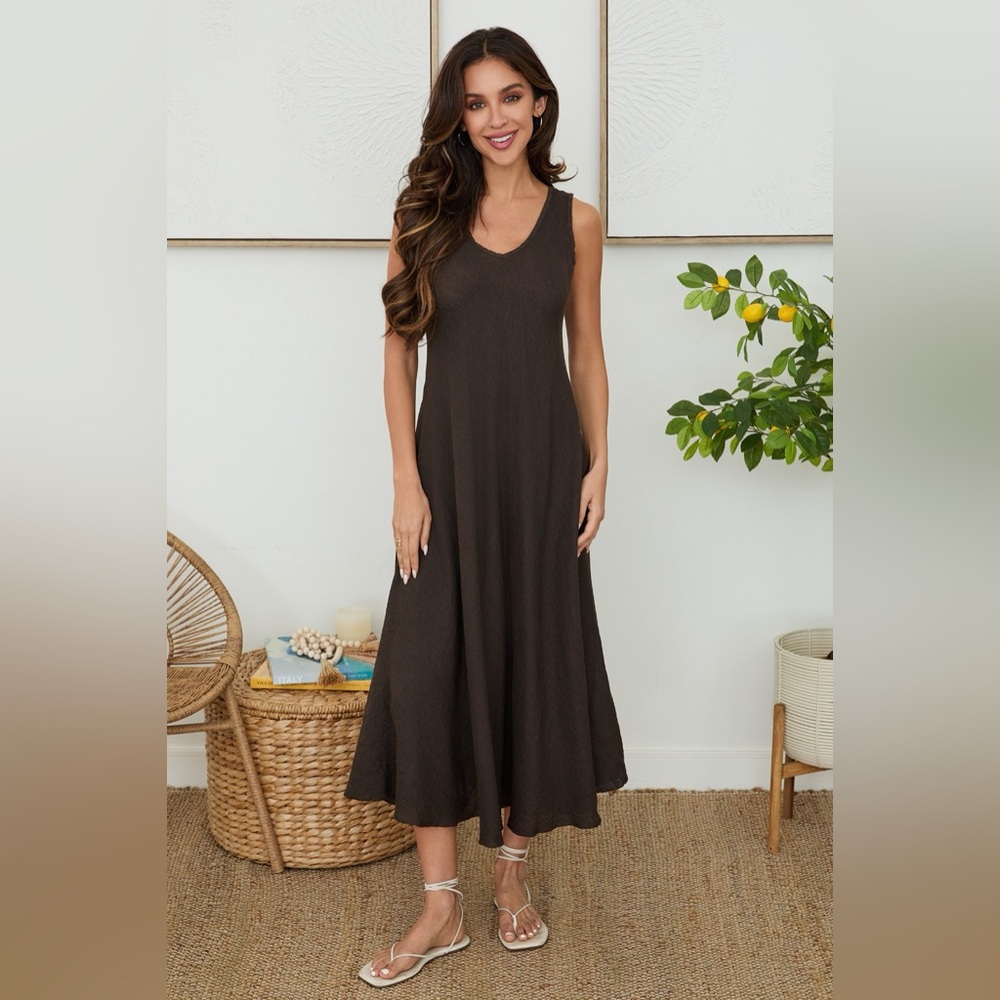 (800866/191333-CHO) ITALIAN LINEN MAXI V-NECK DRESS - Picture 2 of 3